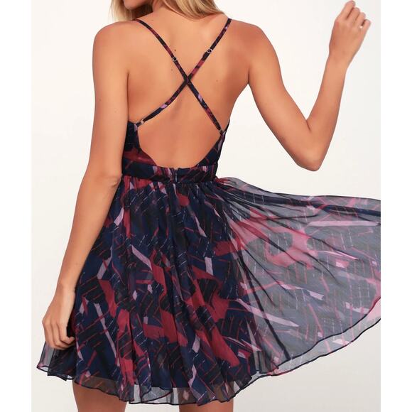 LULUS NwT Britannia Navy Blue Print Skater Dress Size M - Picture 2 of 9